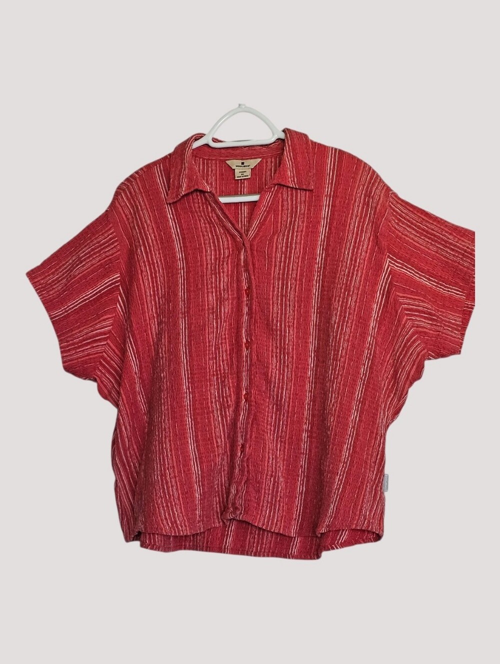 Woolrich Button Up Shirt Pink Stripe  Seersucker Crinkle Short Sleeve Women's XL